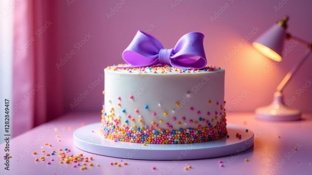 A delightful confection, a single-tiered cake adorned with a vibrant purple bow and a cascade of colorful sprinkles, sits on a pale purple cake stand, illuminated by a soft lamplight. A delightful confection, a single-tiered cake adorned with a vibrant purple bow and a cascade of colorful sprinkles, sits on a pale purple cake stand, illuminated by a soft lamplight.
