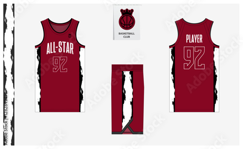Basketball uniform mockup template design for sport club. Basketball jersey, basketball shorts in front and back view. Basketball logo design. 