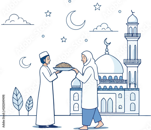 Minimalistic vector illustration of two people wearing Islamic attire during ramadan or Eid celebrations.Generative AI.