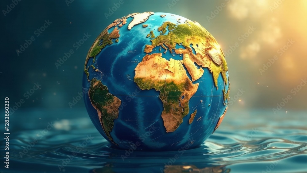 A Detailed Terrestrial Globe Gently Resting Upon a Serene Aquatic Surface, Representing Our Planet's Fragile Ecosystem and the Interconnectedness of Land and Water A Detailed Terrestrial Globe Gently Resting Upon a Serene Aquatic Surface, Representing Our Planet's Fragile Ecosystem and the Interconnectedness of Land and Water