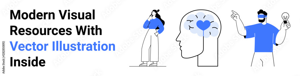 Thoughtful woman, abstract head with heart and brain connection, and person holding a lightbulb. Ideal for creativity, thinking process, innovation, strategy, emotional intelligence, design flat Thoughtful woman, abstract head with heart and brain connection, and person holding a lightbulb. Ideal for creativity, thinking process, innovation, strategy, emotional intelligence, design flat