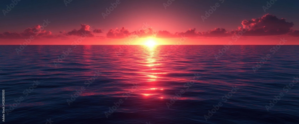 Obraz premium Vibrant Sunset Over Calm Ocean Water Reflecting Fiery Colors with Clouds Silhouetted Against Horizon in Dramatic Landscape