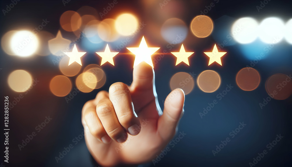 Rating A close-up of a hand interacting with a digital interface, selecting one of five stars for a rating 2 Rating A close-up of a hand interacting with a digital interface, selecting one of five stars for a rating 2