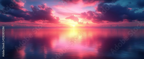 Dramatic Ocean Sunset with Vivid Pink Purple and Golden Hues Reflecting on Calm Waters and Moody Cloudy Sky Creates Serene Atmosphere