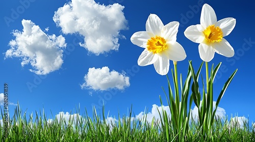 Two White Daffodils with Yellow Centers in a Sunny Field