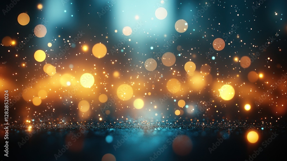 Naklejka premium Glittering stage lights, dark background, bokeh effect, event backdrop