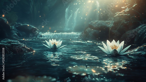 Two White Water Lilies on a Dark River at Night with a Waterfall in the Background