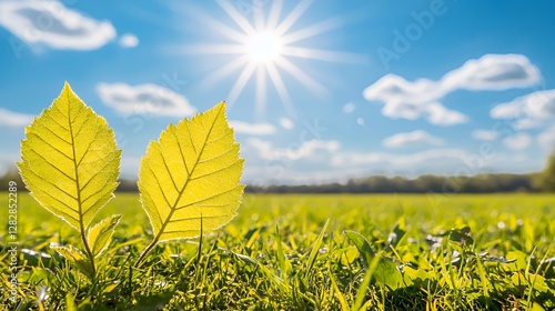 Two Yellow Leaves in a Sunny Green Field
