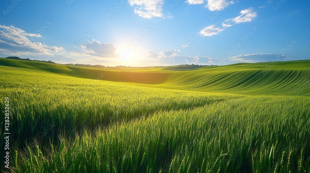 Obraz premium Expansive Green Fields Under Bright Sky and Rising Sunlight