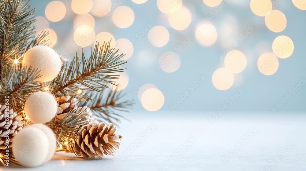 Festive winter decor, pine cones, lights, bokeh background; holiday card Festive winter decor, pine cones, lights, bokeh background; holiday card
