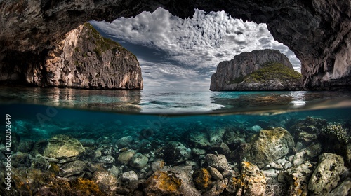 Underwater Cave View with Ocean Rocks and Overcast Sky