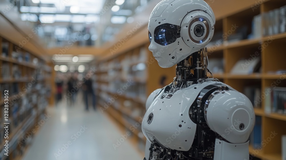 Fototapeta premium Futuristic Robot in Library Setting with Technological Elements