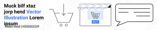 Shopping cart, storefront with buy button, and chat bubble outline flow visualizing e-commerce, customer interaction, and digital marketplaces. Ideal for online shopping, retail, e-commerce, customer