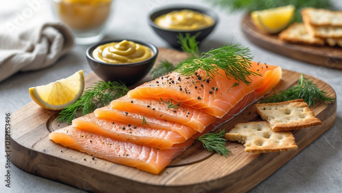 Gravad lax Traditional Swedish Cured Salmon Served with Mustard Dill Sauce and Sides