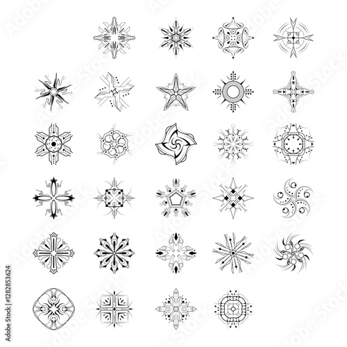 Set Black Colleciton Line Snowflake Doodle Winter Decoration Elements Vector Design Style