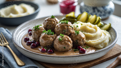 Köttbullar Swedish Meatball Plate with Lingonberry Sauce and Traditional Sides