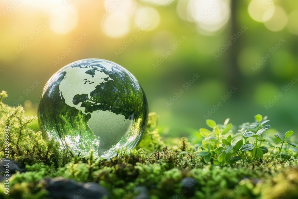 Glass globe on moss, forest background, ecology concept Glass globe on moss, forest background, ecology concept