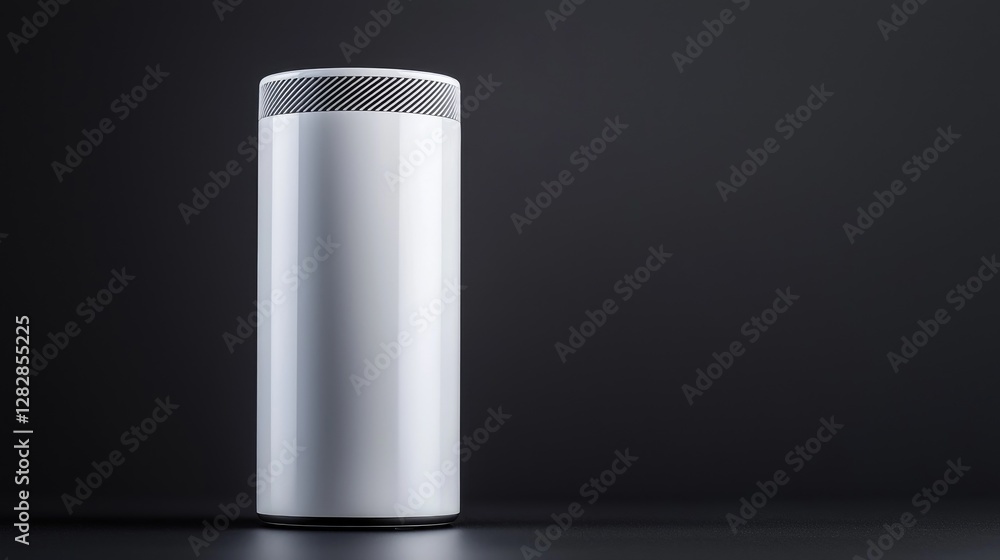 White cylindrical speaker on dark background White cylindrical speaker on dark background