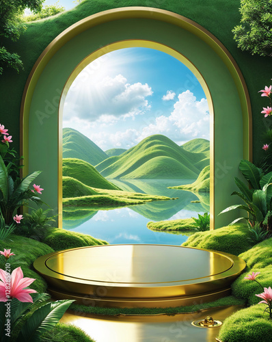 Dreamlike Gateway to a Lush Green World for skincare product background
