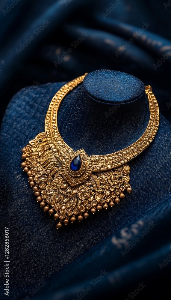 Fototapeta premium Indian Gold Bridal Jewelry on a Navy Blue Textured Surface with Lehenga generative ai 