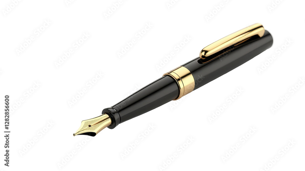 Elegant Black Fountain Pen with Gold Accents on White Background Elegant Black Fountain Pen with Gold Accents on White Background