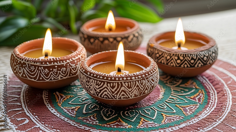 Traditional clay diya candle with henna pattern on decorative plate. Ethnic home decor. Indian festival. Hindu Puja. Festival Vishu, Ugadi, Gudi Padwa, Diwali, Onam, Pongal, Dussehra Horizontal banner Traditional clay diya candle with henna pattern on decorative plate. Ethnic home decor. Indian festival. Hindu Puja. Festival Vishu, Ugadi, Gudi Padwa, Diwali, Onam, Pongal, Dussehra Horizontal banner