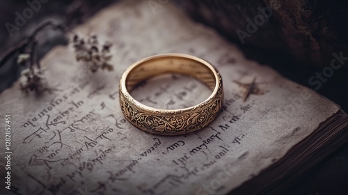 Antique Gold Filigree Ring on Aged Manuscript, Vintage Handcrafted Wedding Band with Ornate Floral Engraving, Elegant Heirloom Jewelry in Historical Fine Art Photography