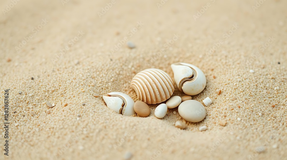 Photo Displaying Simple Nature Elements Sand, Shells, Pebbles. Focus On Texture And Contrast. Warm Beige, Brown And White Tones. Minimalist Style, Shallo. Photo Displaying Simple Nature Elements Sand, Shells, Pebbles. Focus On Texture And Contrast. Warm Beige, Brown And White Tones. Minimalist Style, Shallo.