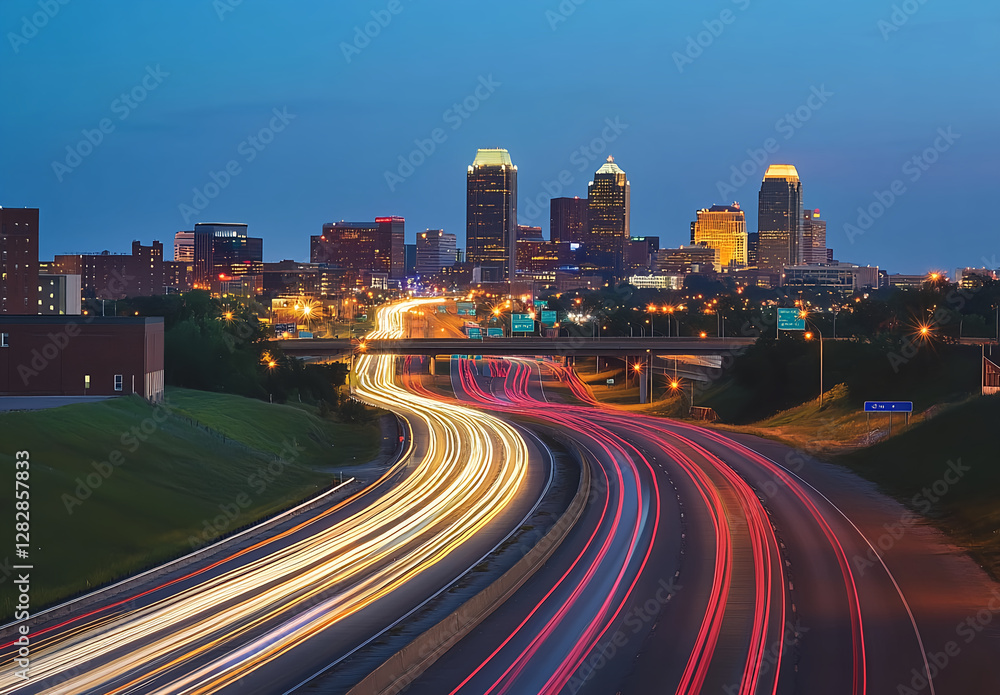 Fototapeta premium Cityscape at Dusk with Light Trails on Highway