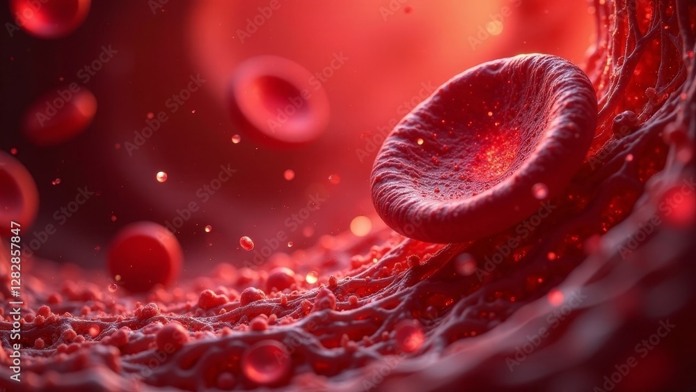 Fototapeta premium Microscopic View of Red Blood Cells Flowing Through a Vessel, a Detailed Representation of the Circulatory System's Intricate Network