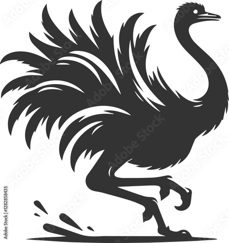Ostrich startled, jumping backward animal vector silhouette