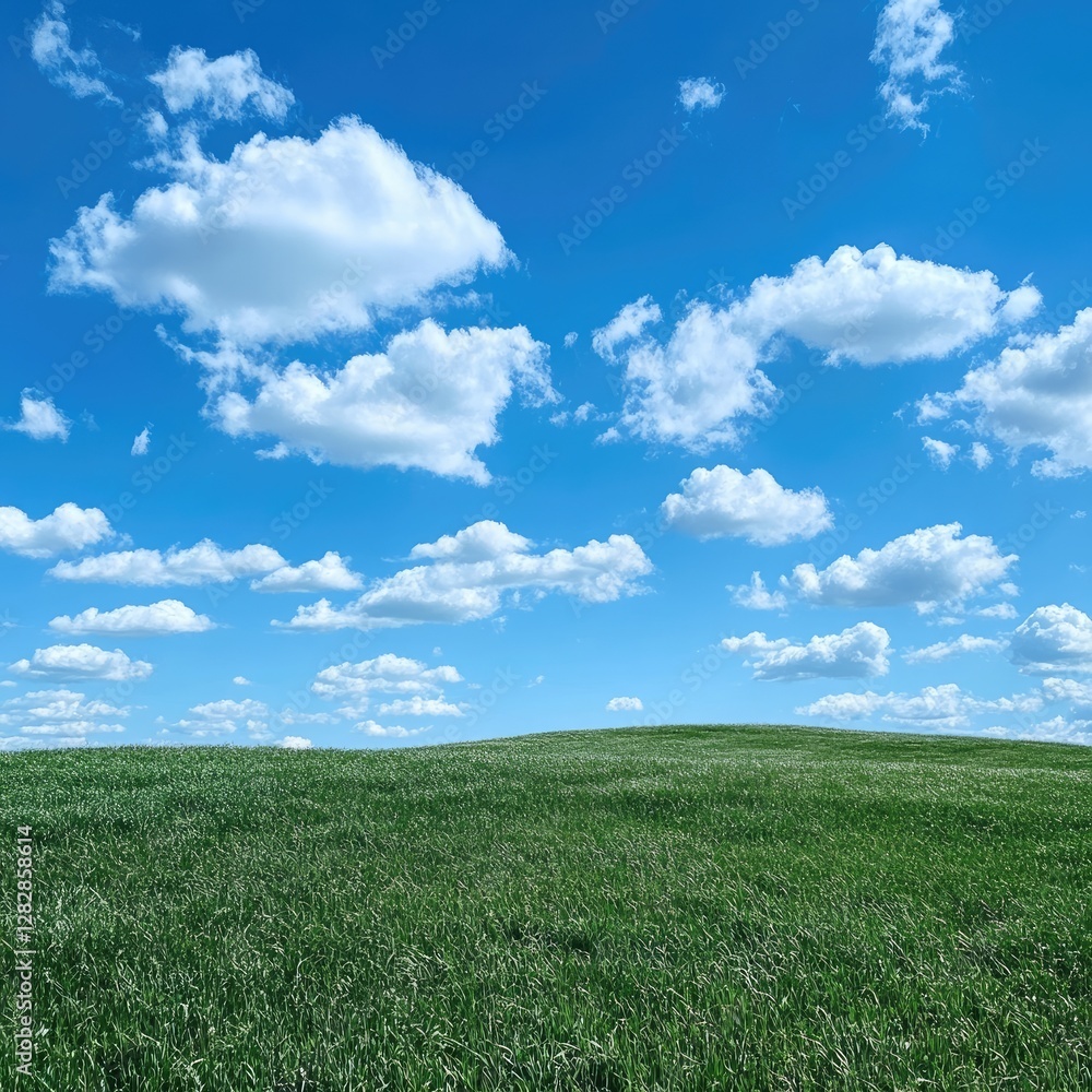 Green field, blue sky, puffy clouds, rural landscape, nature background Green field, blue sky, puffy clouds, rural landscape, nature background