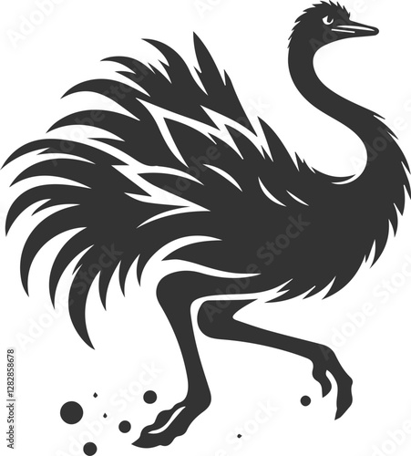 Ostrich startled, jumping backward animal vector silhouette