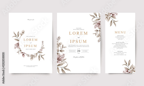 Wedding invitation card template set with elegant brown leaves
