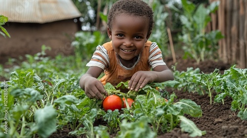 child tending organic vegetable plants in garden bed with soil greenery and natural outdoor environment promoting sustainability and healthy lifestyle
