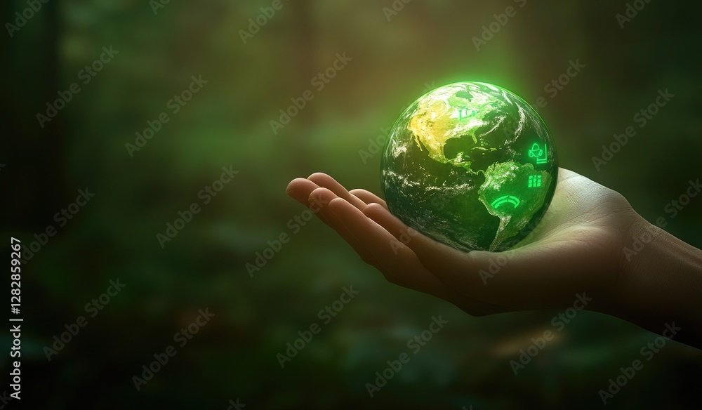 Glowing Earth held in hand, forest background, environmental conservation Glowing Earth held in hand, forest background, environmental conservation