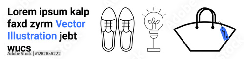 Shoes, a glowing lightbulb, and a tag-attached handbag illustrate fashion, creativity, and shopping themes. Ideal for retail, branding, design inspiration, luxury trends innovation flat landing