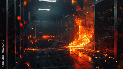 A high-tech server room engulfed in flames, with sparks flying from damaged hardware and thick smoke filling the space. The image captures the vulnerability of data centers to fire-related disasters. 