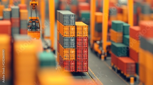 Colorful Shipping Containers Model Stacked at a Busy Container Port Terminal