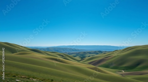 Photo Featuring Simple Nature Elements A Panoramic Landscape View Of Rolling Hills And A Clear Blue Sky, Long Shot Showing Depth And Expanse, Natural Lighti. photo