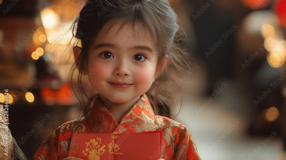 Smiling Girl Holding a Red Envelope During Chinese New Year, Ai generated Images. Smiling Girl Holding a Red Envelope During Chinese New Year, Ai generated Images.