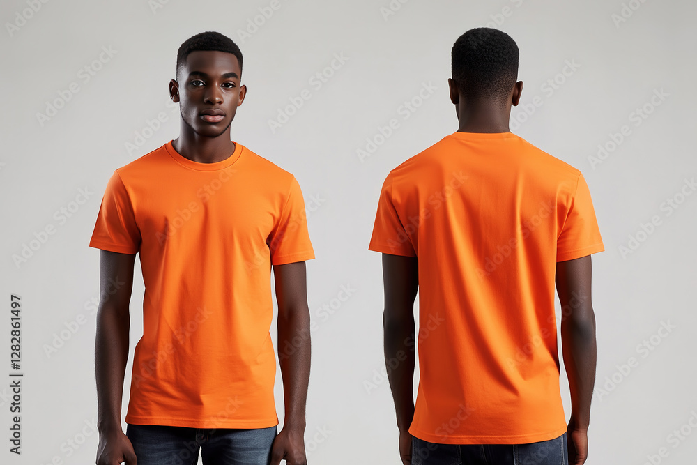 man wearing an orange t-shirt mockup front and back used as a design template man wearing an orange t-shirt mockup front and back used as a design template