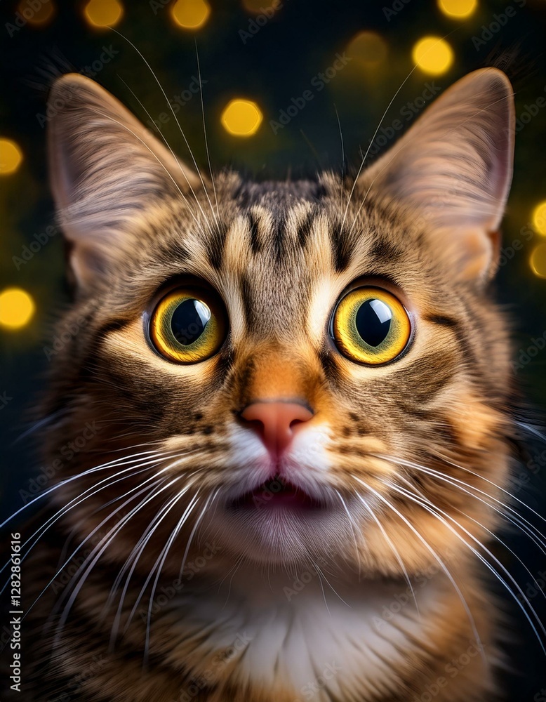 Obraz premium 何かに反応し、目を見開いて驚きを表現する猫の一瞬の表情