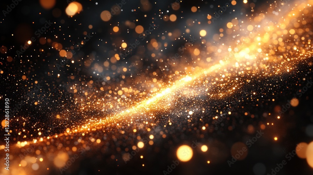 Fototapeta premium Golden particles swirl, dark background, design element