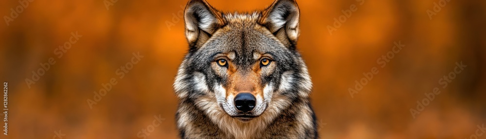 A majestic wolf gazes intently, showcasing its striking features against a warm, blurred background. A majestic wolf gazes intently, showcasing its striking features against a warm, blurred background.