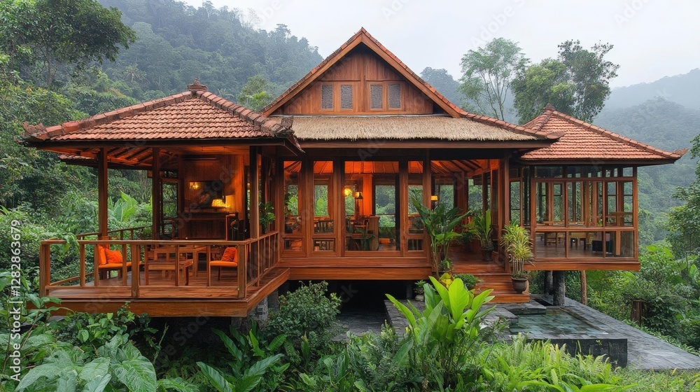 Exterior View of Wooden Tropical Lodge Surrounded by Lush Rainforest with Warm Interior Lighting on Overcast Day Exterior View of Wooden Tropical Lodge Surrounded by Lush Rainforest with Warm Interior Lighting on Overcast Day