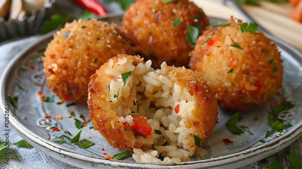 Golden Crispy Rice Balls with Red Peppers and Fresh Herbs on Decorative Plate Golden Crispy Rice Balls with Red Peppers and Fresh Herbs on Decorative Plate
