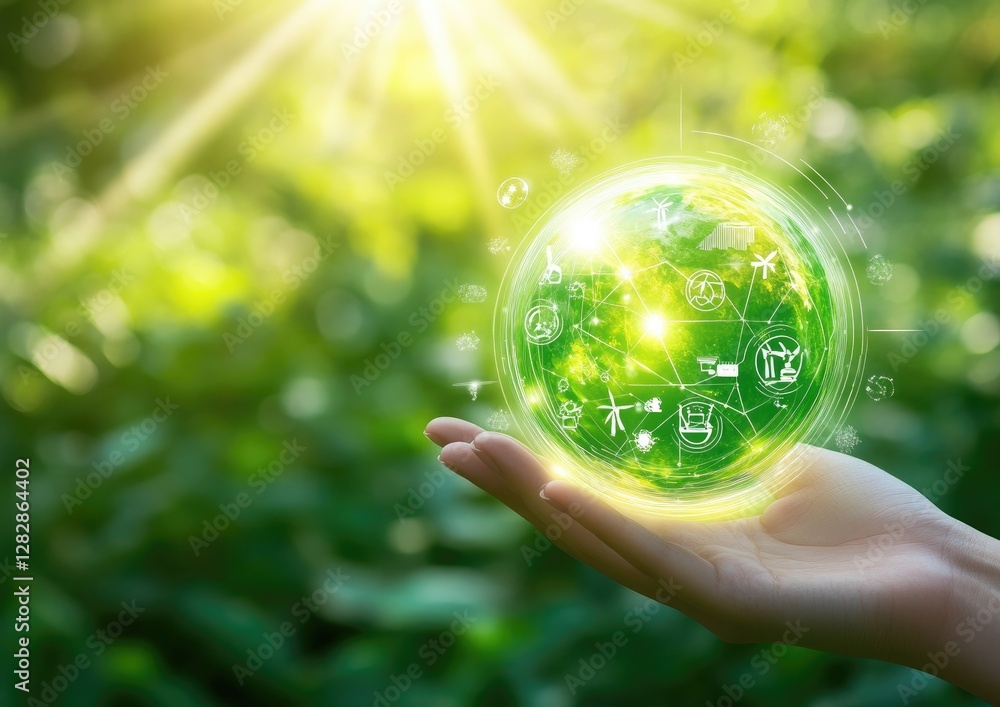 Green tech globe held, nature background, sustainability concept Green tech globe held, nature background, sustainability concept
