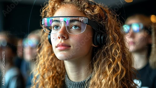 Woman Wearing AR Glasses, Conference, Attendees, Immersive Experience