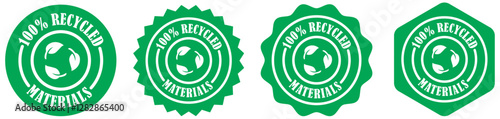 100% recycled materials badge collection on white background. Eco badge icon for recycled material. Simple eco-friendly leaf symbol stamp. Circular recycled stamp with leaves. Vector illustration